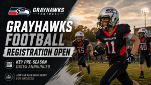 Grayhawks Football registration graphic featuring youth players in black and red uniforms with silver helmets running on a football field, with text announcing registration is open, key pre-season dates, and a reminder to join the Facebook group for updates.